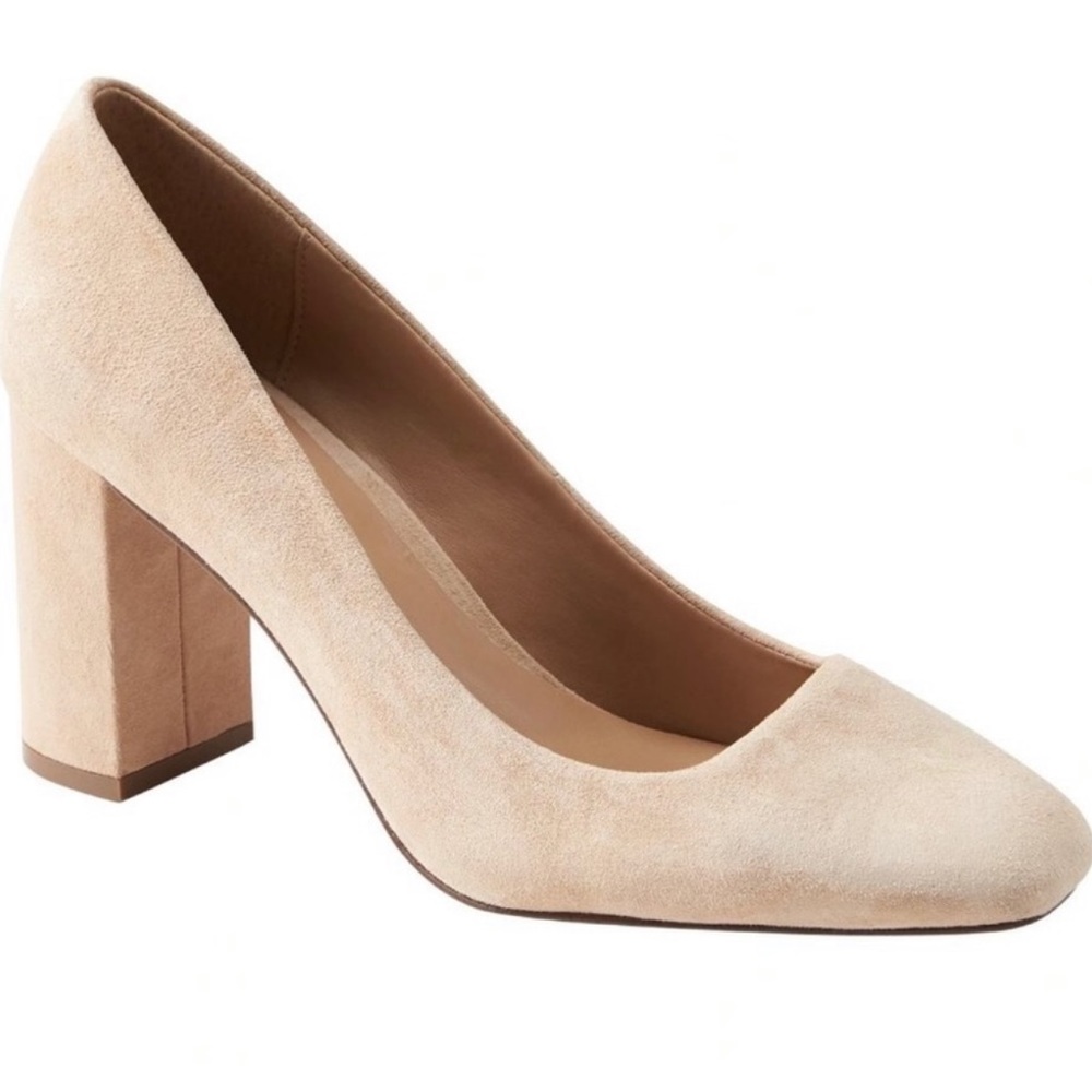Nude suede block heels